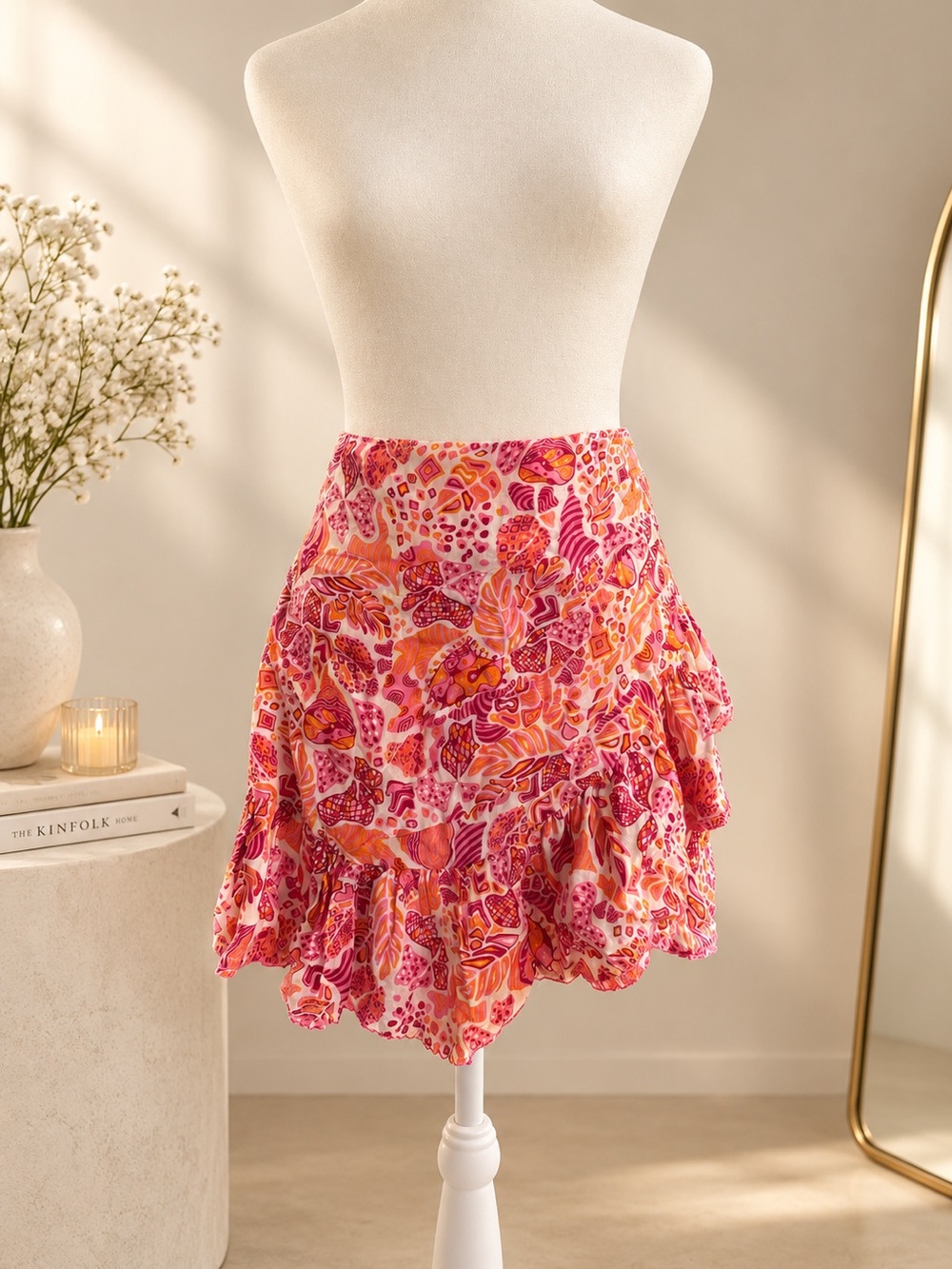 Poupette St. Barth Pink & Orange Floral Ruffled Mini Skirt